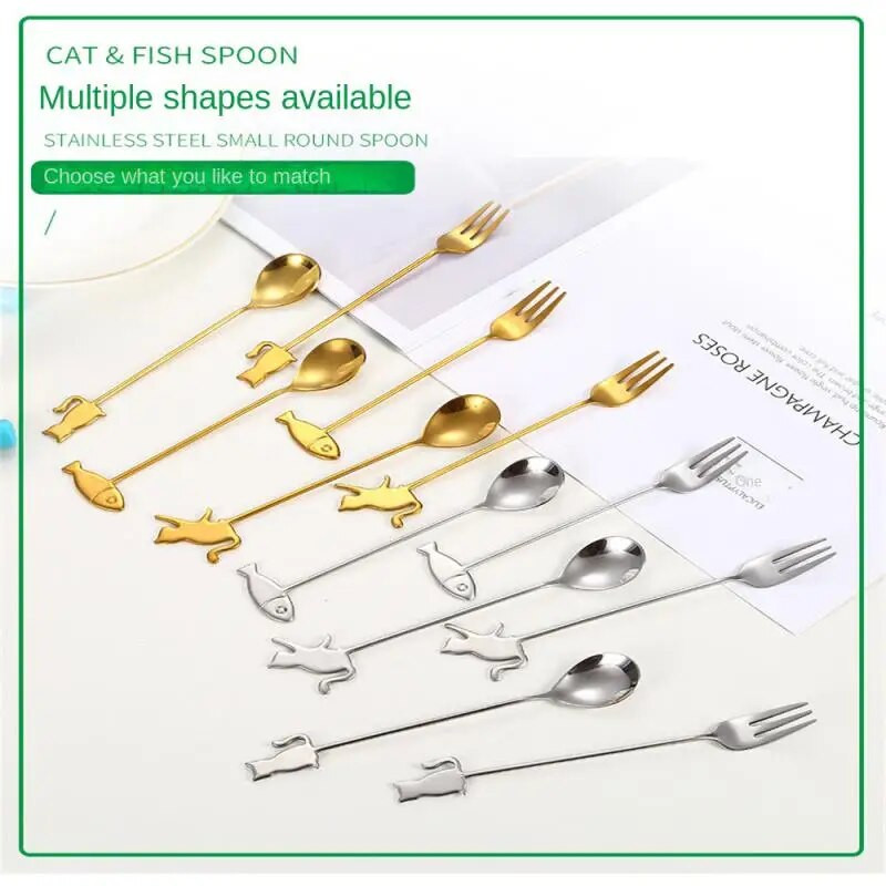 1db kávéskanál rozsdamentes acél teáskanál arany fagylalt kanalak koktélkeverő kanalak rajzfilm macska alakú desszert gombócok