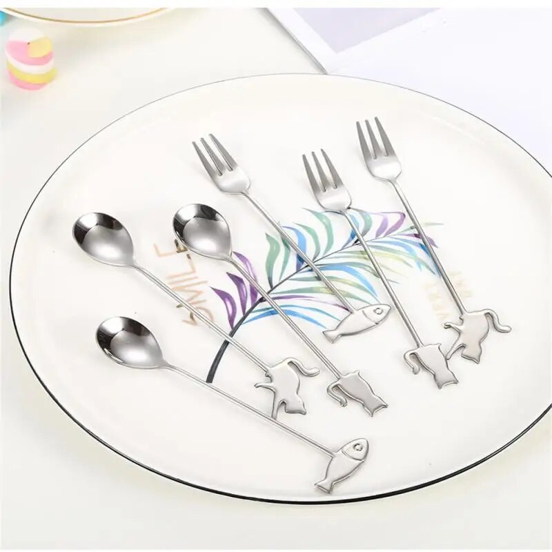 1db kávéskanál rozsdamentes acél teáskanál arany fagylalt kanalak koktélkeverő kanalak rajzfilm macska alakú desszert gombócok