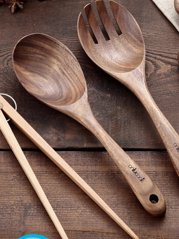 onlycook kettős felhasználású Salah villás kanál beépített háztartási fa leveses kanál keverőkanál japán stílusú nagy fakanál