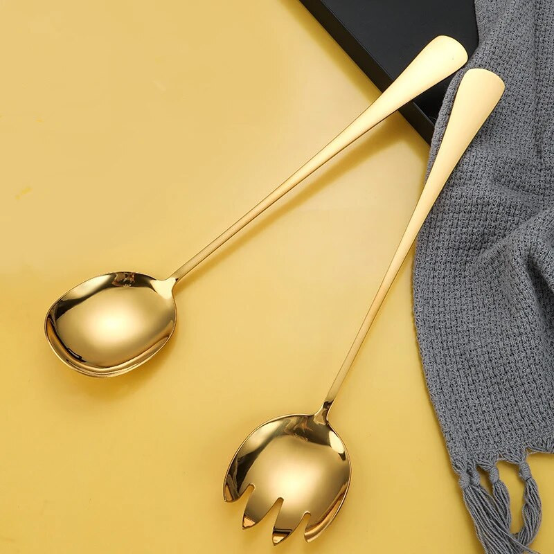 Rozsdamentes acél meghosszabbított nyelű nyilvános saláta kanál villa étkészlet Sűrített tálalószűrő evőeszköz evőeszköz készlet