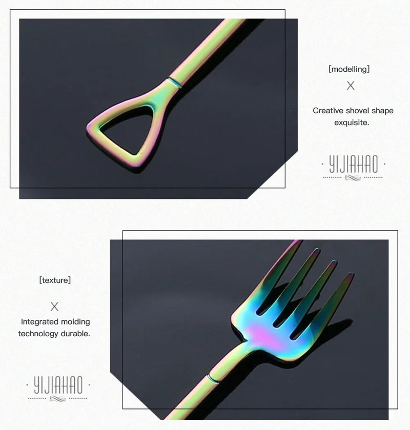 Forró lapát alakú rozsdamentes acél villa Többszínű gyümölcssaláta villa élelmiszer minőségű étkészlet kényelmes fogantyúval konyhai kiegészítők