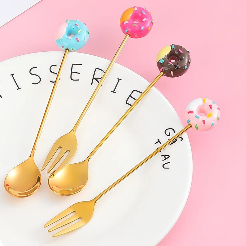 1db desszert kanál rozsdamentes acél fánkvilla kanál Aranyos étkészlet torta gyümölcsvillák kávékeverő kanalak konyhai étkészlet