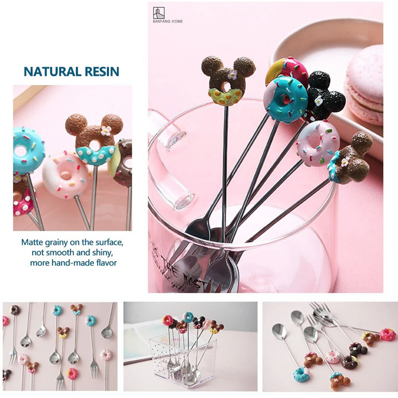 Rozsdamentes acél fánk kanál villa kávé sütemény desszert tea fagylalt rajzfilm teáskanál keverő kanál cukorka aranyos étkészlet gyerekeknek