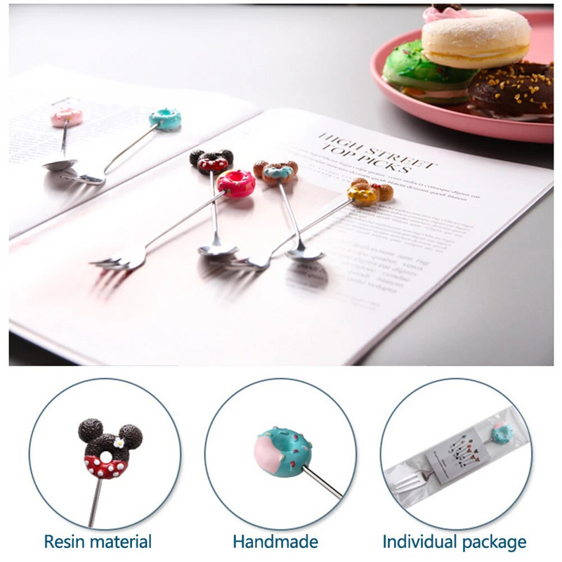 Rozsdamentes acél fánk kanál villa kávé sütemény desszert tea fagylalt rajzfilm teáskanál keverő kanál cukorka aranyos étkészlet gyerekeknek