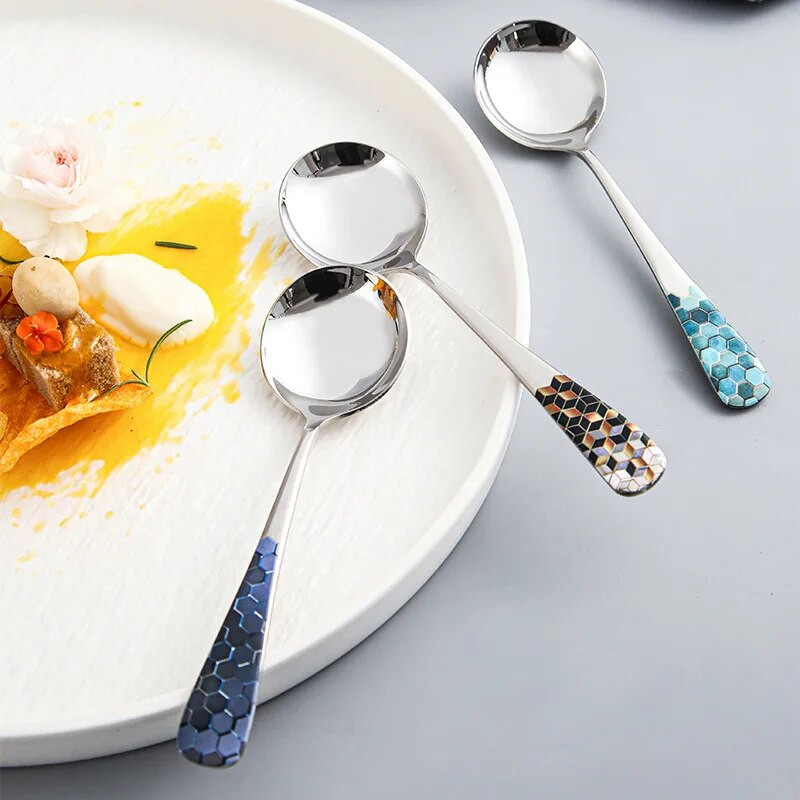 Rozsdamentes acél kávé fagylalt kanál teáskanál ezüst vacsora étkészlet kerek fejű desszert kanalak evőeszközök konyhai kiegészítők