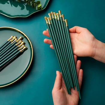 JANKNG 5 Pairs Gold Top Πράσινα Κινέζικα Chopsticks Τρόφιμα Sushi Ιαπωνικά ραβδιά επαναχρησιμοποιούμενα Κορεάτικα από κράμα μετάλλων επιτραπέζια σκεύη Palillos