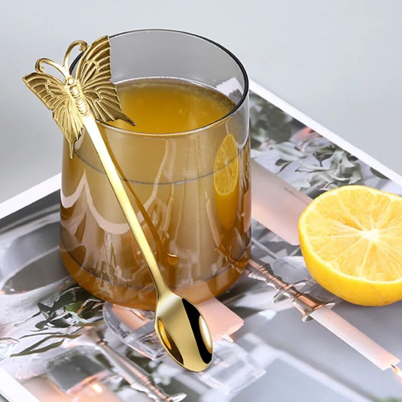 Rozsdamentes acél kávéskanál teáskanál aranyozott cukor desszert gyümölcsvilla tükör fényesítő pillangó nyelű kávés étkészlet