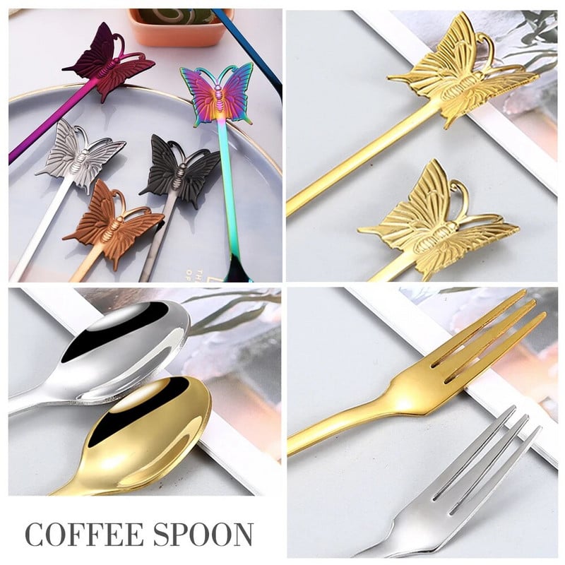 Rozsdamentes acél kávéskanál teáskanál aranyozott cukor desszert gyümölcsvilla tükör fényesítő pillangó nyelű kávés étkészlet