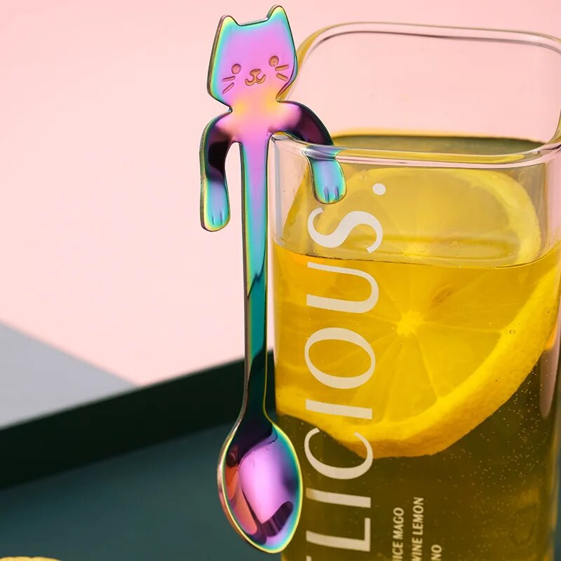 Új hordozható rajzfilm macskanyél rozsdamentes acél kávétea akasztókanál konyhai kellékek kávétea fagylalthoz