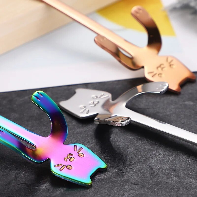 Új hordozható rajzfilm macskanyél rozsdamentes acél kávétea akasztókanál konyhai kellékek kávétea fagylalthoz