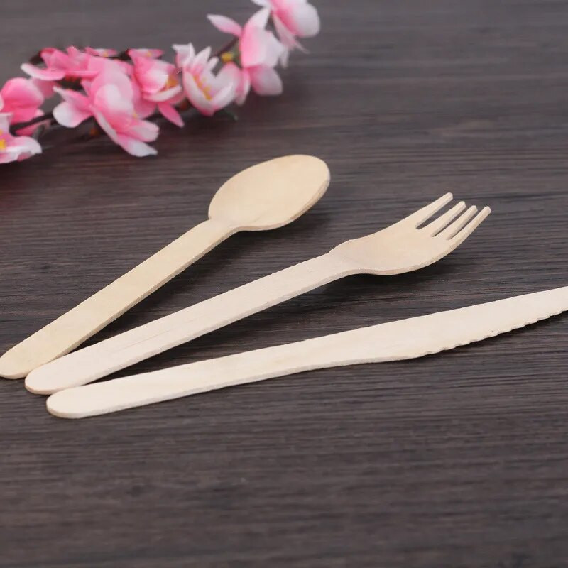 100db 16 cm-es parti használatra eldobható fa villa kanál kés evőeszköz fa evőeszköz