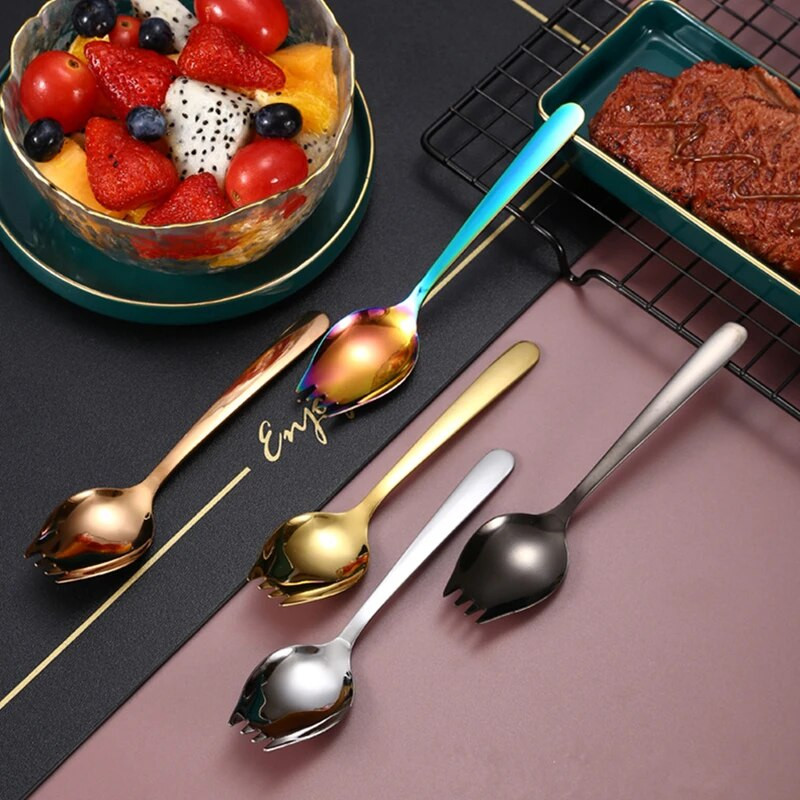 Rozsdamentes acél, hosszú nyelű gyümölcsvilla kanál étkészlet Ebéd-tartozékok gyerekeknek Többfunkciós desszert salátakanál