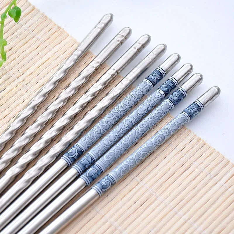 Konyhai asztali evőpálcika, kék-fehér porcelán nyomdafonál, csúszásgátló rozsdamentes acél pálcika, 10 pár/tétel