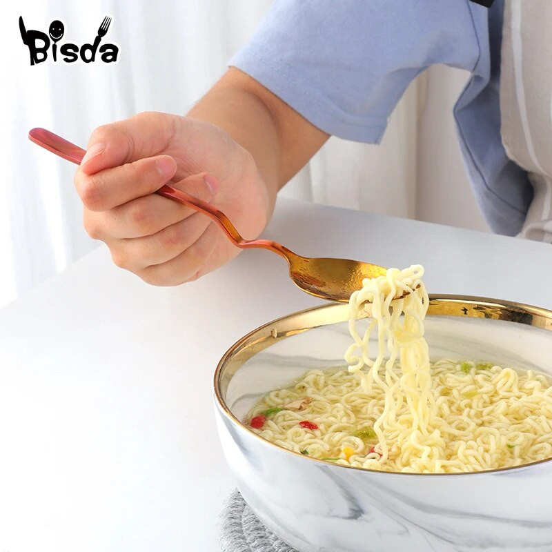 1 db kanál villa rozsdamentes acél Spork függő csésze saláta kanál 8 színes desszert uzsonna villák újrafelhasználható arany party piknik étkészlet