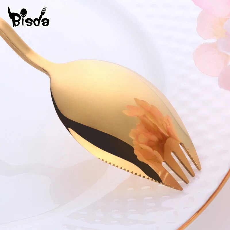 1 db kanál villa rozsdamentes acél Spork függő csésze saláta kanál 8 színes desszert uzsonna villák újrafelhasználható arany party piknik étkészlet