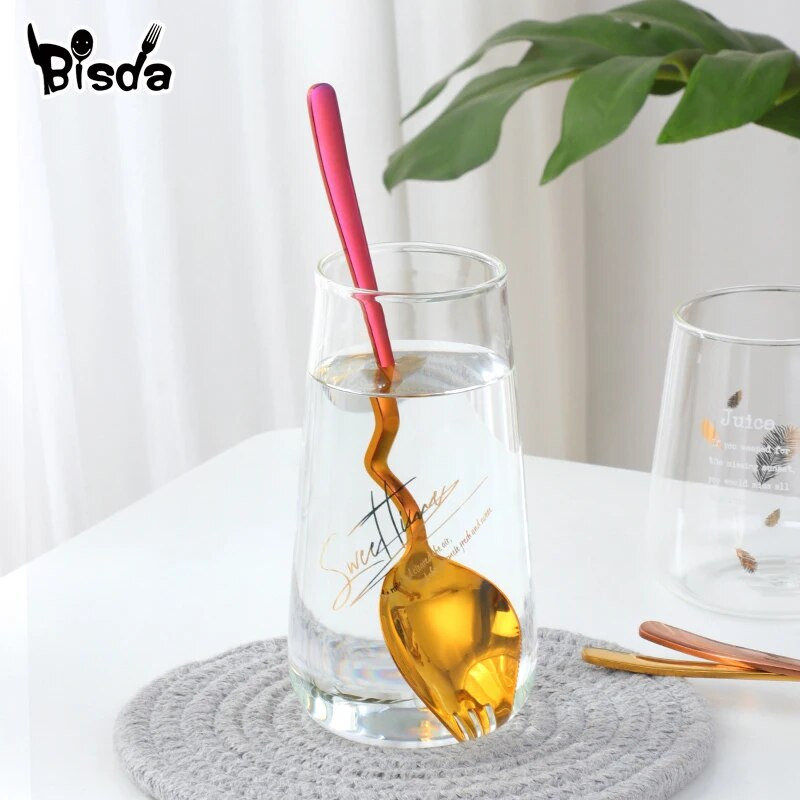 1 db kanál villa rozsdamentes acél Spork függő csésze saláta kanál 8 színes desszert uzsonna villák újrafelhasználható arany party piknik étkészlet