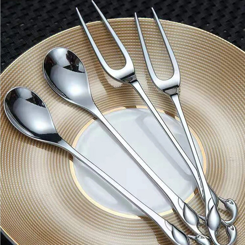 6 részes készlet Hattyú Gyümölcs Alap Tartó Villa Saláta Desszert Kávékanál Torta Uzsonna Evőeszközök Hulladékmentes Evőeszközök Rozsdamentes acél