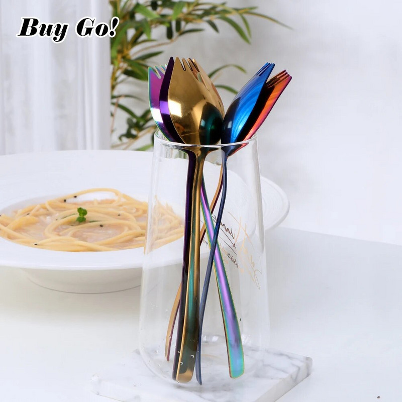 1 db 2 az 1-ben többfunkciós vacsora Spork rozsdamentes acél kanál villa hordozható tészta gyümölcssaláta villa kültéri utazási konyhai eszközök