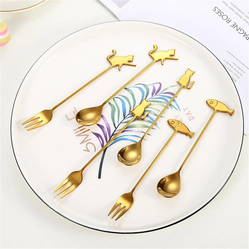 Kreatív gyümölcs desszert villák rozsdamentes acél kávé keverő kanál háztartási rajzfilm macska halak lógó csésze teáskanál kiegészítők