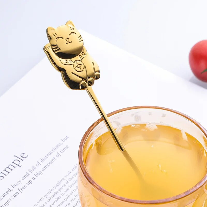 1db Kreatív keverőkanál Kiváló minőségű rozsdamentes acél teáskanál rajzfilm Lucky Cat kávéskanál gyerekeknek kanál csésze kiegészítők
