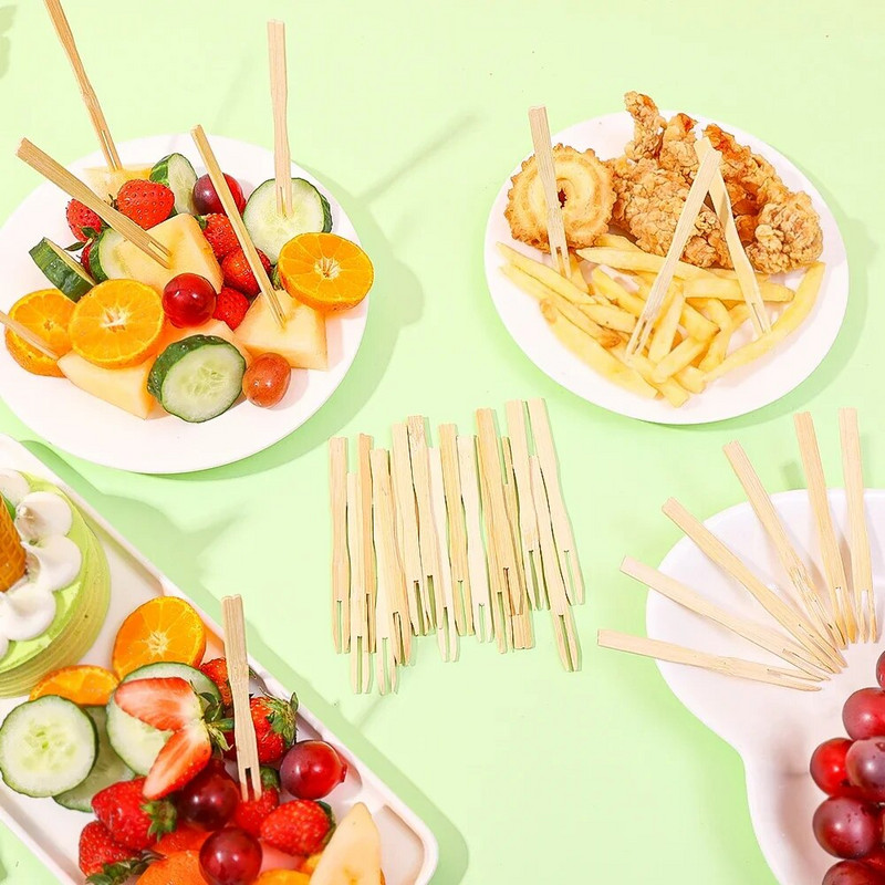 100db/csomag Fa gyümölcsvilla bambusz eldobható villa desszert süteményekhez Snack Party Otthoni Étterem dekor étkészlet kellékek