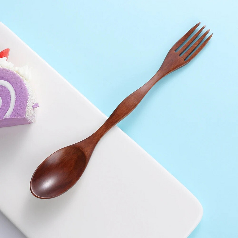 1 db 2 az 1-ben kétfejes leveses kanál villa természetes fa evőeszközök vacsora étkészlet barkácsolás otthoni konyhai kiegészítők evőeszközök