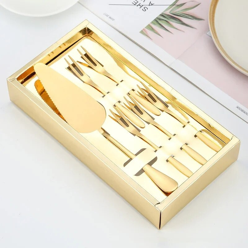 6db/készlet Rozsdamentes acél tortakés villa szett Desszert tortavillák Ezüst Arany torta evőeszköz Villa gyümölcs Mooncake 1 kés 5 villa