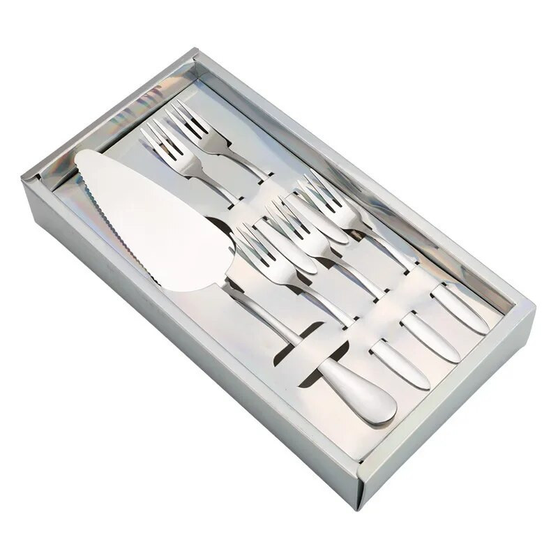 6db/készlet Rozsdamentes acél tortakés villa szett Desszert tortavillák Ezüst Arany torta evőeszköz Villa gyümölcs Mooncake 1 kés 5 villa