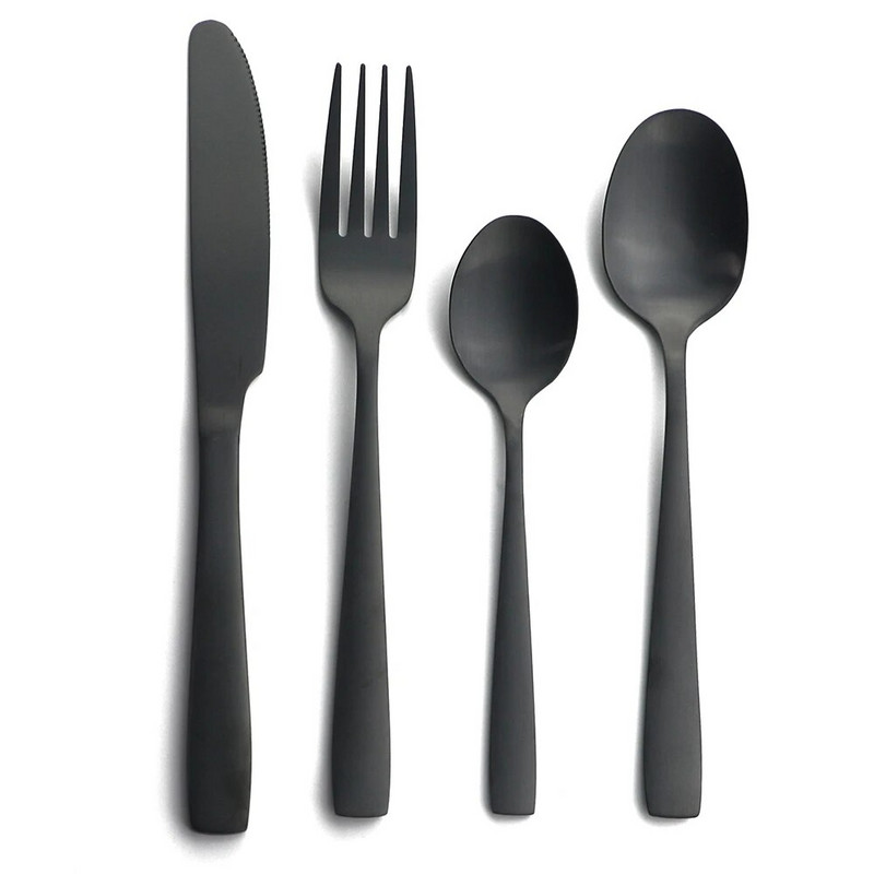 Fekete matt evőeszköz készlet kés villa kanál evőeszköz készlet desszert étkészlet rozsdamentes acél étkészlet konyhai ezüst edények