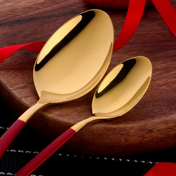 4 бр./компл. Китайска червена маса Златен комплект прибори за хранене от неръждаема стомана Елегантни прибори за хранене Нож Вилица Комплект лъжици Комплект инструменти за вечеря