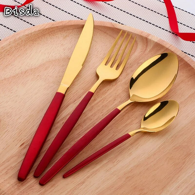 4Pcs/Set Kineski crveni stol Zlatni set pribora za jelo od nehrđajućeg čelika Elegantno posuđe za jelo Nož Vilica Set žlica Komplet alata za večeru