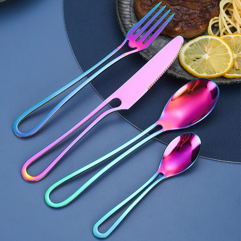 Jaswehome stalo įrankių rinkinys tuščiaviduriai indų rinkinys nerūdijančio plieno vakarienės peilis šakutė šaukštas įvairių spalvų sidabro dirbiniai