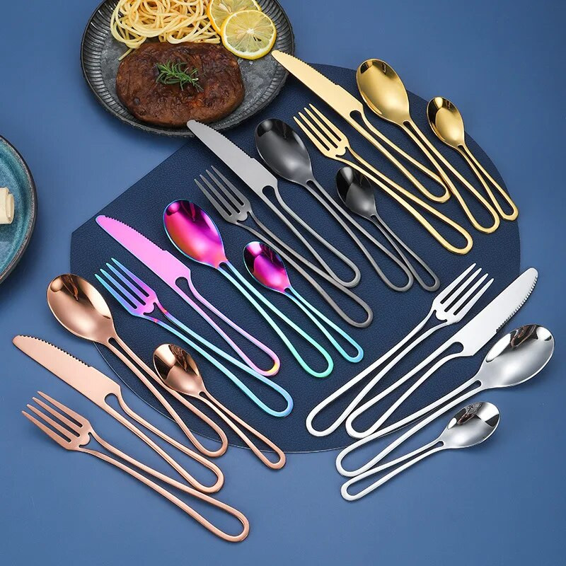 Jaswehome stalo įrankių rinkinys tuščiaviduriai indų rinkinys nerūdijančio plieno vakarienės peilis šakutė šaukštas įvairių spalvų sidabro dirbiniai