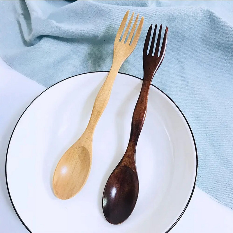 2 az 1-ben természetes fából készült evőeszközök kétfejű leves kanál villa kávé kávékanál gyümölcsvilla vacsora étkészlet evőeszköz konyhai eszköz