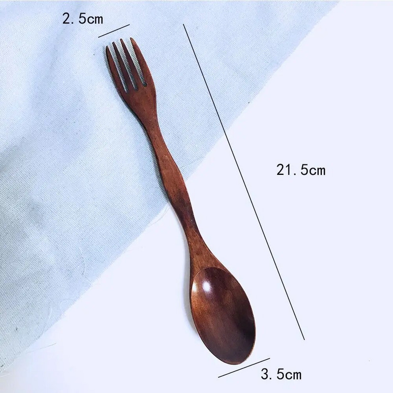 2 az 1-ben természetes fából készült evőeszközök kétfejű leves kanál villa kávé kávékanál gyümölcsvilla vacsora étkészlet evőeszköz konyhai eszköz