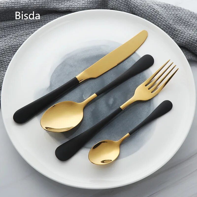 4 db-os evőeszköz készlet rozsdamentes acél 18/10 Western fehérarany étkészlet fekete nyéllel evőeszköz készlet vacsora kés vacsora villa