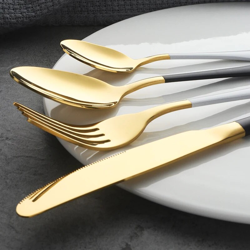 4 db-os evőeszköz készlet rozsdamentes acél 18/10 Western fehérarany étkészlet fekete nyéllel evőeszköz készlet vacsora kés vacsora villa