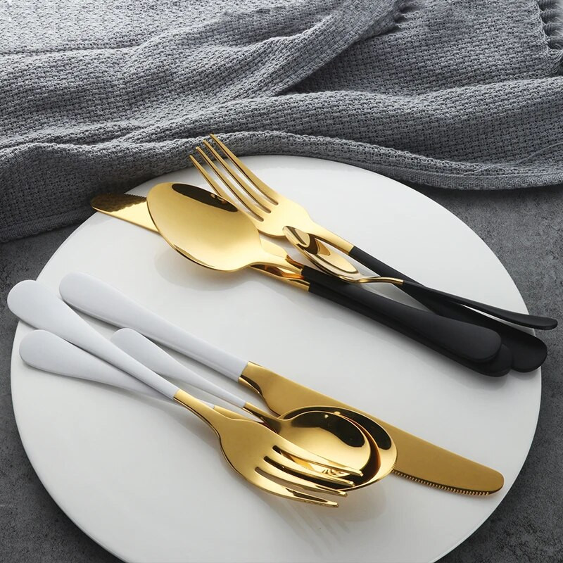 4 db-os evőeszköz készlet rozsdamentes acél 18/10 Western fehérarany étkészlet fekete nyéllel evőeszköz készlet vacsora kés vacsora villa