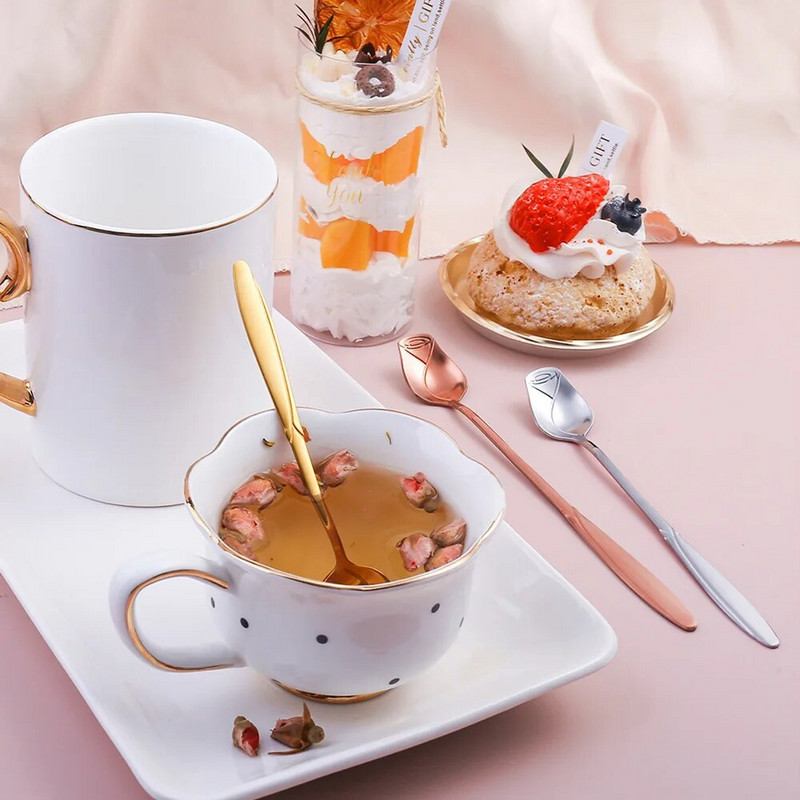 5 db rozsdamentes acél rózsa keverőkanál hosszú nyelű kávéskanál apró virágkanál Szokatlan teáskanál desszerthez, mézes torta teához