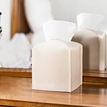 Сгъваема квадратна кутия за салфетки от PU кожа с долния колан Обикновен калъф за държач за салфетки Кутия за съхранение Декорация на домашен хол