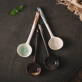 Керамична лъжица за супа Японска посуда Лъжица за хранене Творчески лъжици с дълга дръжка Кухненски прибор за готвене Инструмент Чаена лъжичка за кухня