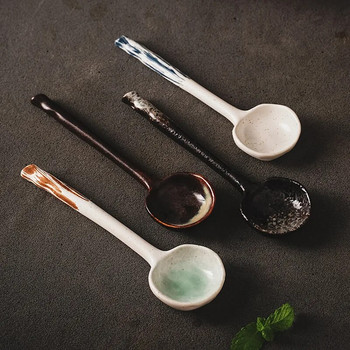 Керамична лъжица за супа Японска посуда Лъжица за хранене Творчески лъжици с дълга дръжка Кухненски прибор за готвене Инструмент Чаена лъжичка за кухня