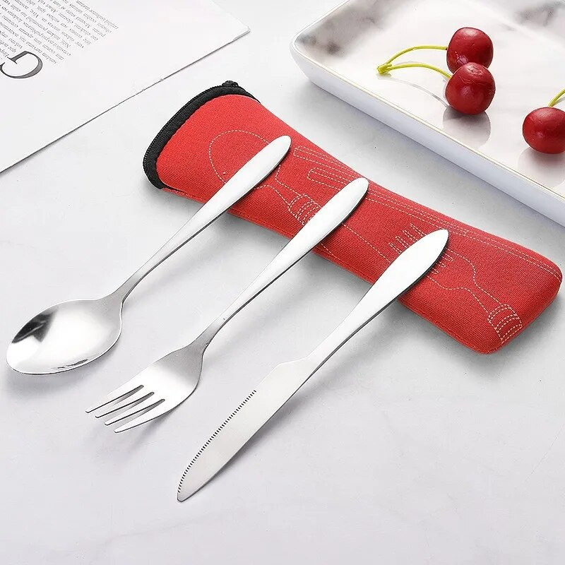 3 db étkészlet rozsdamentes acél evőeszköz készlet kés villa és kanál készlet étkészlet készlet tok Utazási kemping tartozékok hordozható