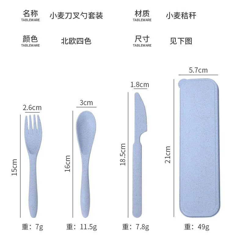 Három részes készlet búza étkészlet Búzaszalma hordozható evőeszköz doboz készlet műanyag evőeszköz Diákok Gyermek Irodai dolgozók