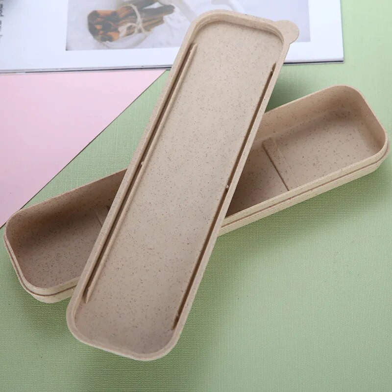 Három részes készlet búza étkészlet Búzaszalma hordozható evőeszköz doboz készlet műanyag evőeszköz Diákok Gyermek Irodai dolgozók