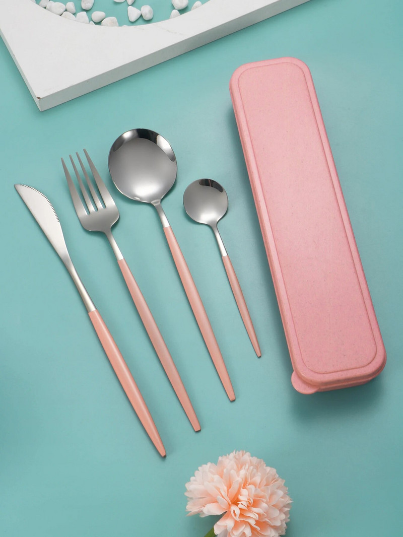 4db rozsdamentes acél étkészlet hordozható öltöny steak kés és villa desszert kanál lány szín