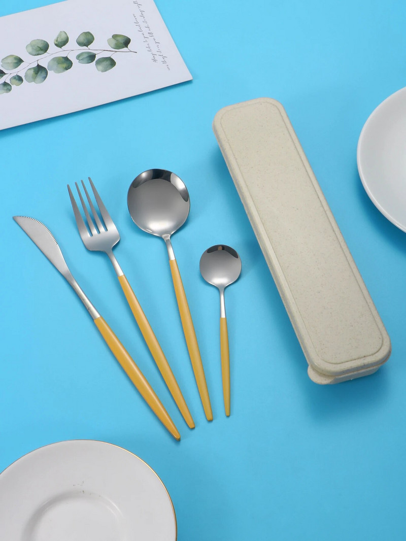 4db rozsdamentes acél étkészlet hordozható öltöny steak kés és villa desszert kanál lány szín