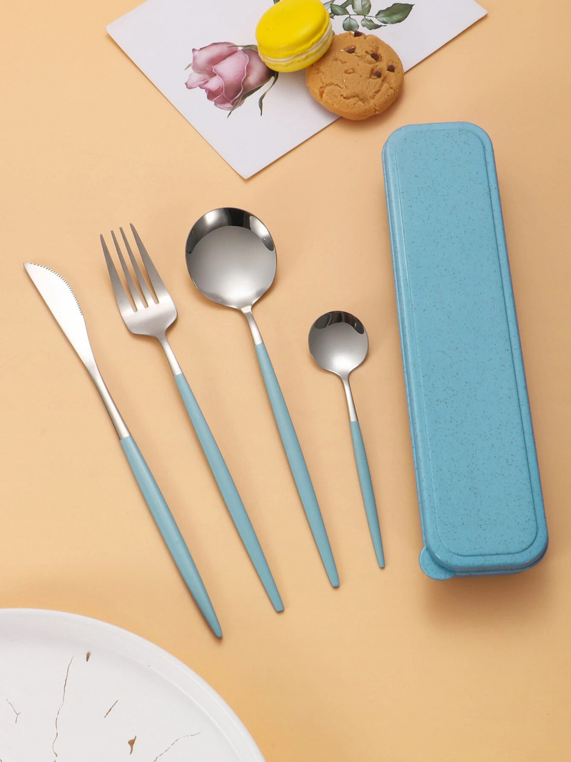 4db rozsdamentes acél étkészlet hordozható öltöny steak kés és villa desszert kanál lány szín