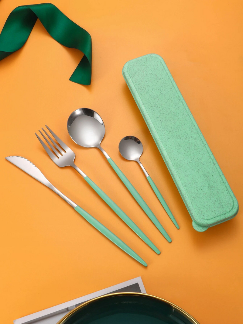 4db rozsdamentes acél étkészlet hordozható öltöny steak kés és villa desszert kanál lány szín