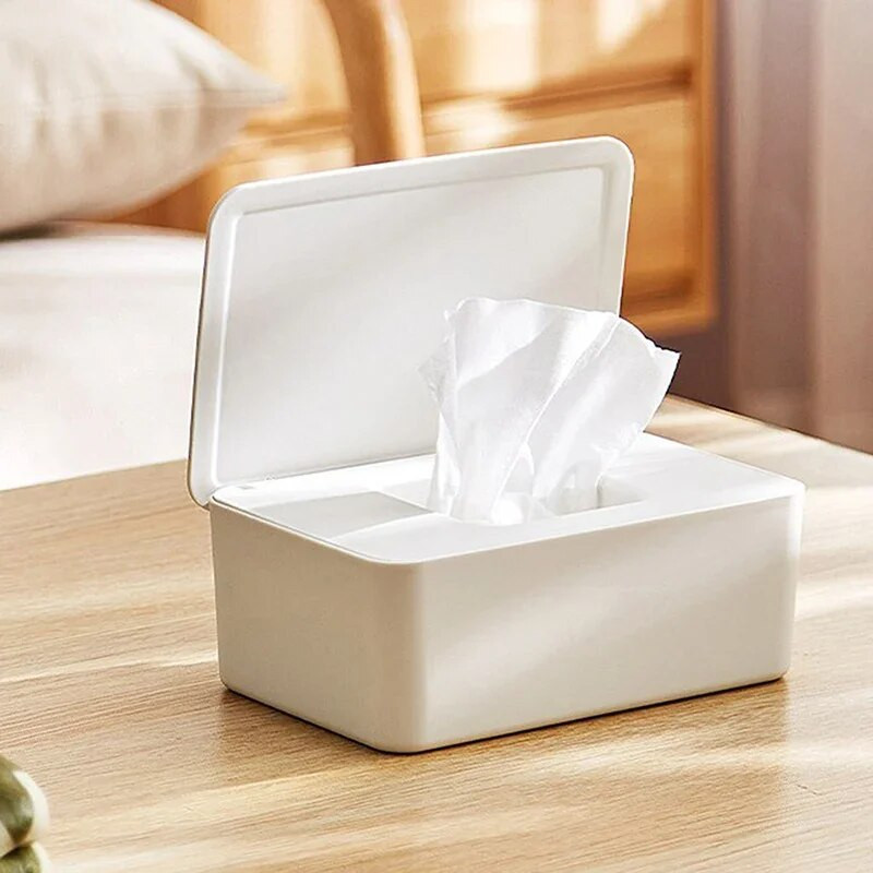 Tolmukindel niiskete salvrätikute hoiukast kaanega Home lauaarvuti salvrätikute hoiukarp, kaasaskantav niiskete salvrätikute jaotur